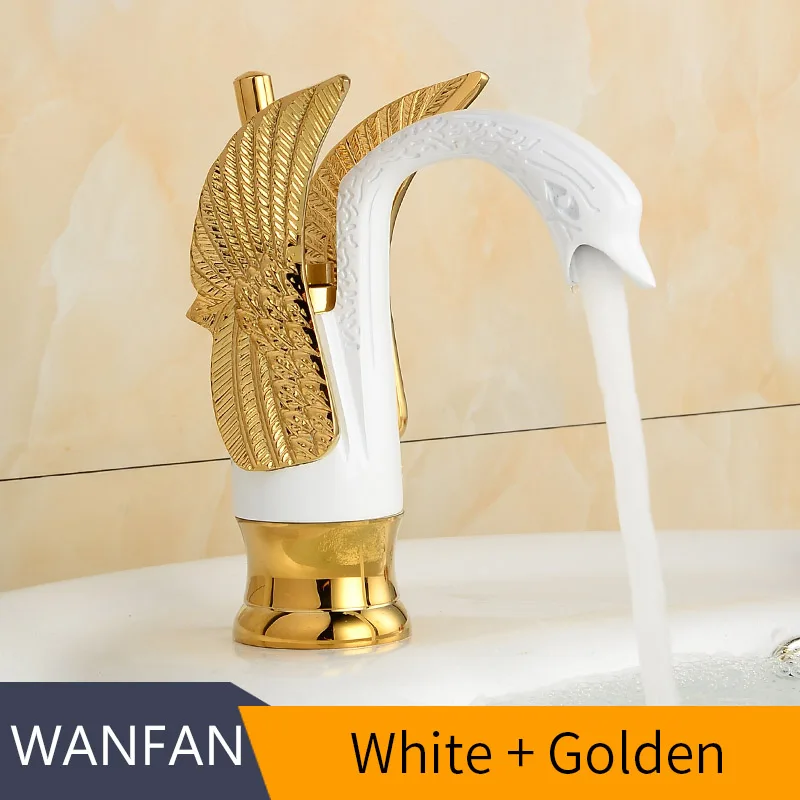 White and Golden Смесители для раковины дизайн лебединый кран позолоченный кран для умывальника роскошный медный Золотой смеситель краны горячей и холодной воды HJ-35K - Цвет: White and Golden