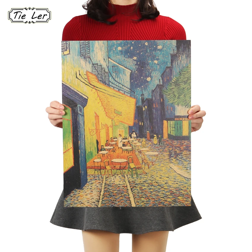 TIE LER Van Gogh Cafe Nostalgic Retro Kraft Paper Poster Painting Decorative Wall Stickers 36 X 47cm | Дом и сад