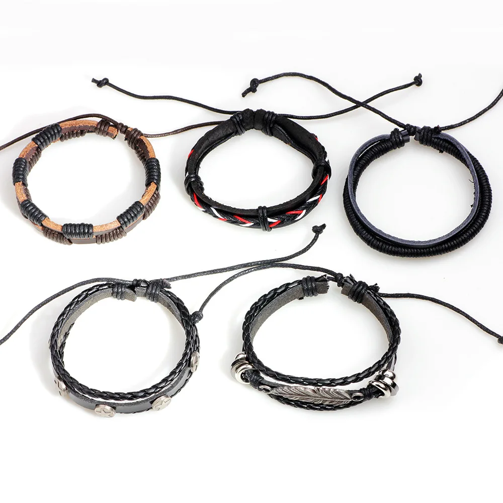 Мужские браслеты 2018 винтажные плетеные кожаные браслеты Leaf Star Combination 5 Piece Set подарки для мужчин Ювелирные изделия Charm Holiday on.