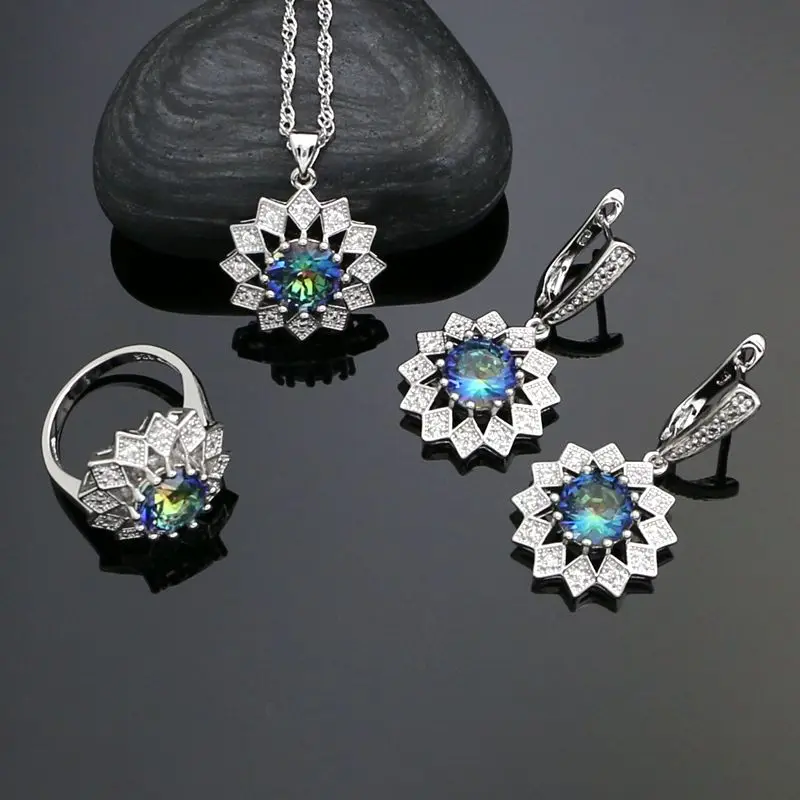 

925 Sterling Silver Jewelry Sets Mystic Rainbow Cubic Zirconia White Crystal Earrings Ring Necklace Pendant Set For Women