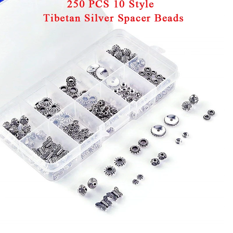 

250 PCS 10 Style Tibetan Silver Spacer Beads Jewelry Findings Accessories for Bracelet Necklace Jewelry Making