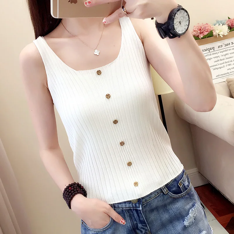 2019 New single-row knitted ice silk waistcoat with straight stripes 16-10986 | Женская одежда