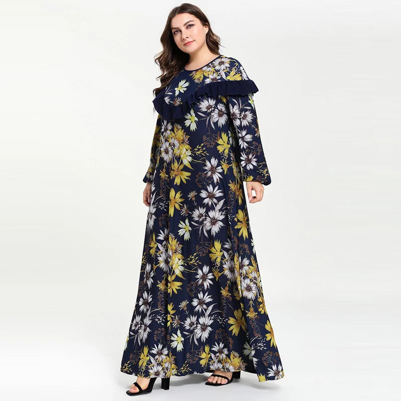 Женская мусульманская одежда Abayas макси мусульманское платье с цветочным принтом