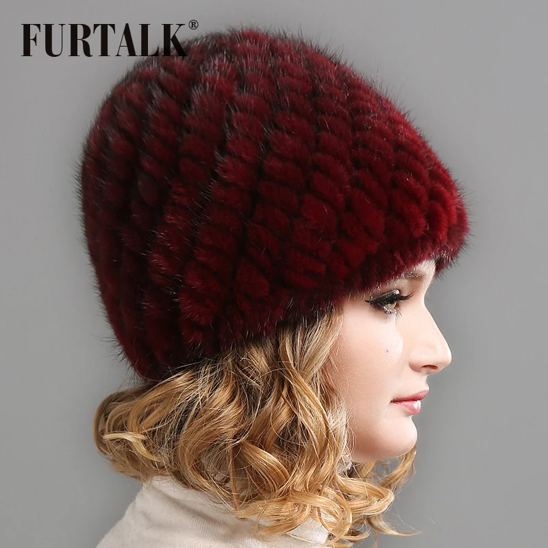 Женская меховая шапка FURTALK мягкая бини из натурального меха норки вязаная в