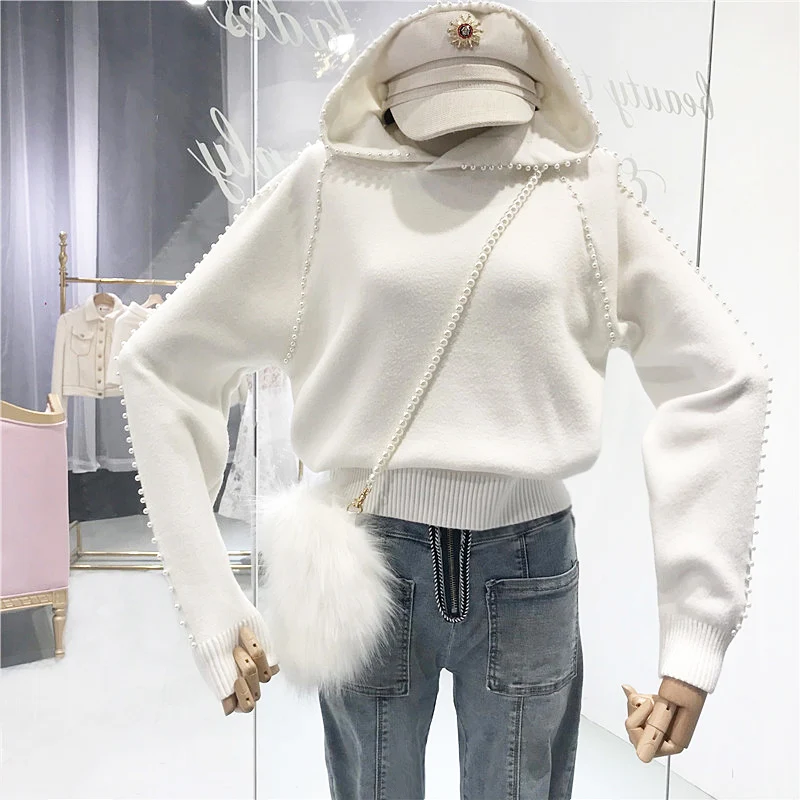 Женский свитер с капюшоном ALPHALMODA длинными рукавами и жемчужинами Осенний