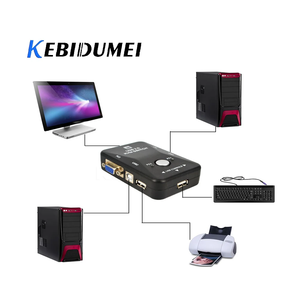 Kebidumei лидер продаж 2 портовый USB KVM переключатель VGA SVGA разделитель Auto контроллер