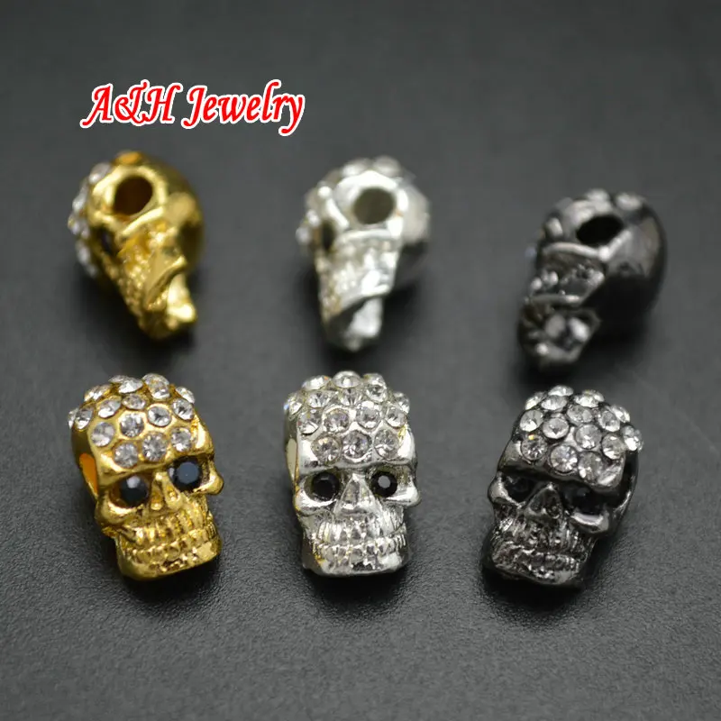 

20PCS Skull Head Beads 2mm Hole CZ Beads Setting Charms Gold Silver Gun Black DIY Findings For Jewelry Making