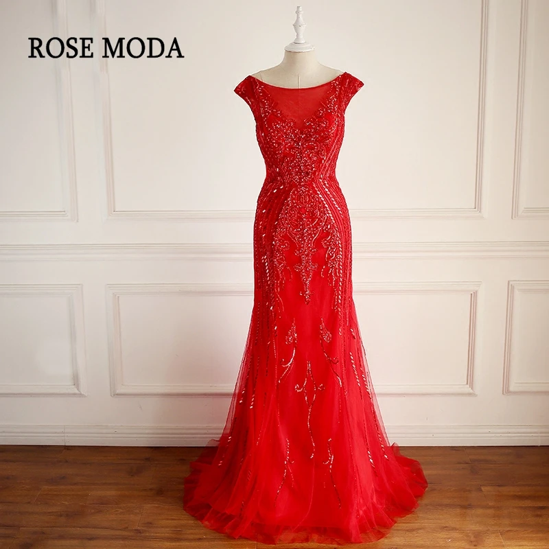 

Rose Moda Gorgeous Cap Sleeves Red Mermaid Prom Dresses 2018 Low V Back Crystal Long Prom Dress Real Photos