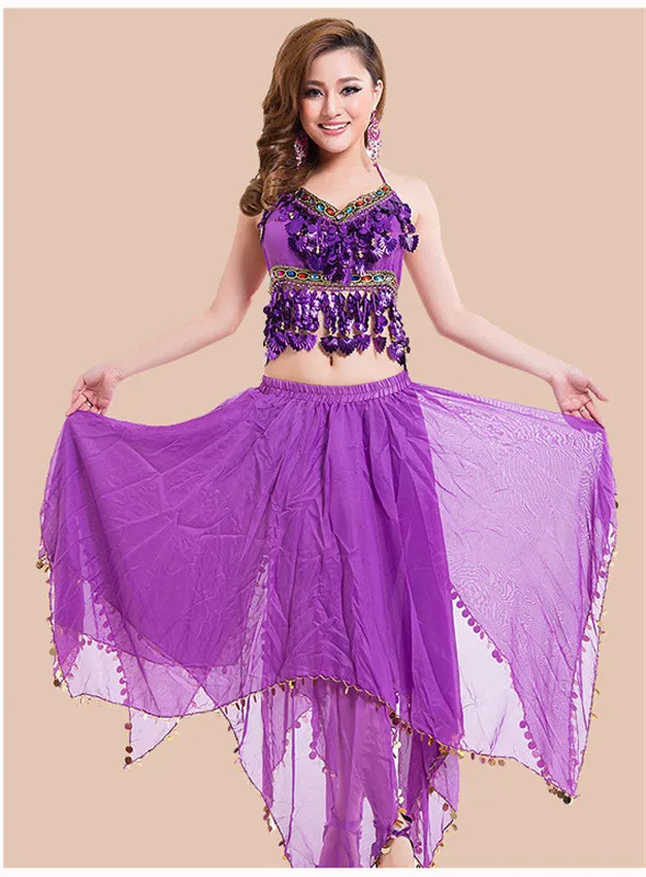 Purple Женские костюмы для танца живота индийские болливудские танцы одежда для египетского танца живота 3 шт./компл.(топ+ юбка+ вуаль - Цвет: Purple