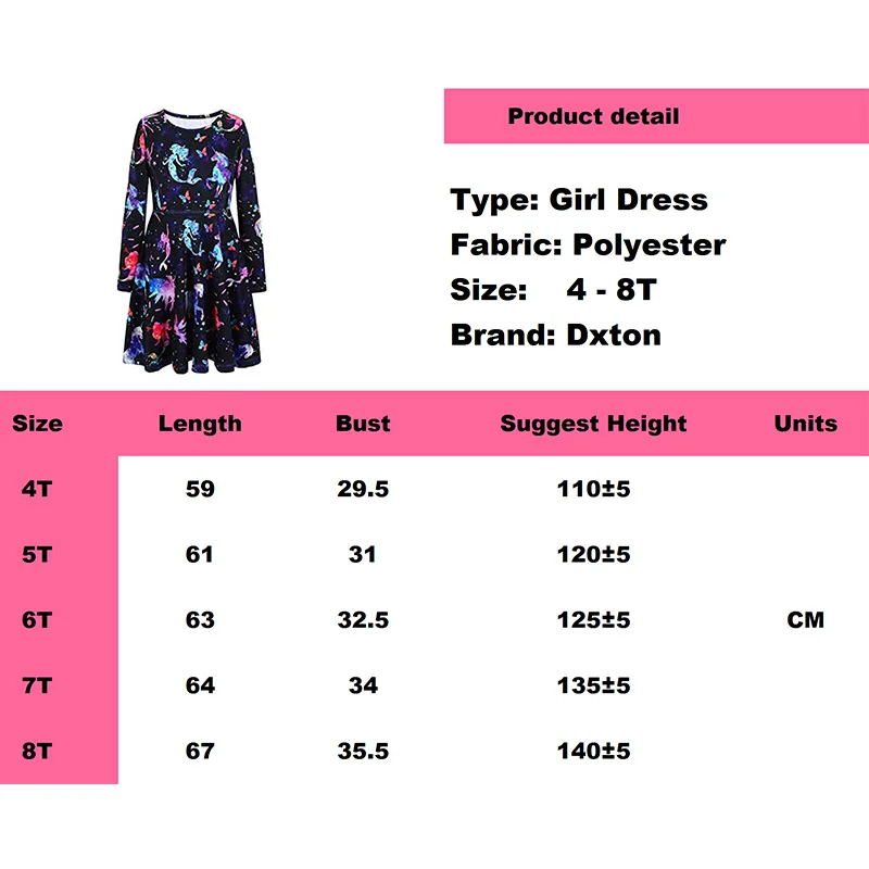 Dxton Children Unicorn Girl Dress Long Sleeve Kids Girls Dresses Cartoon Fill Robe Princess With Butterfly 4-8 Year | Детская одежда и