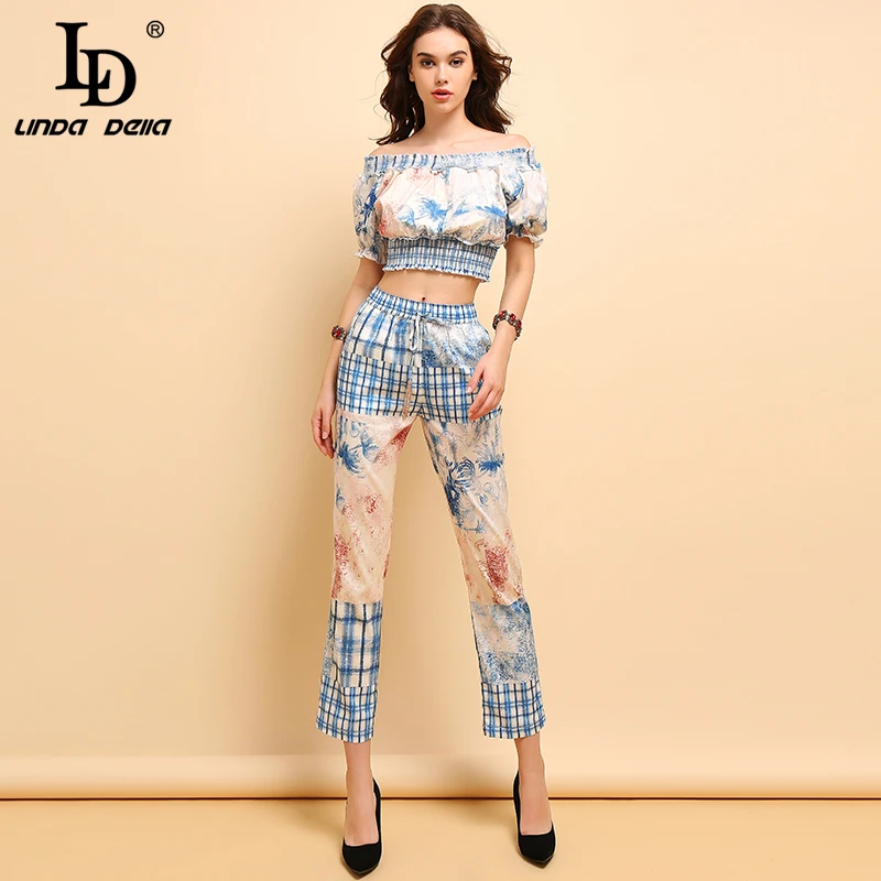 LD LINDA DELLA Fashion Summer Suits Women's Casual lantern Sleeve Elastica Tops+Elegant Floral Printed Long Pants 2 Pieces Set