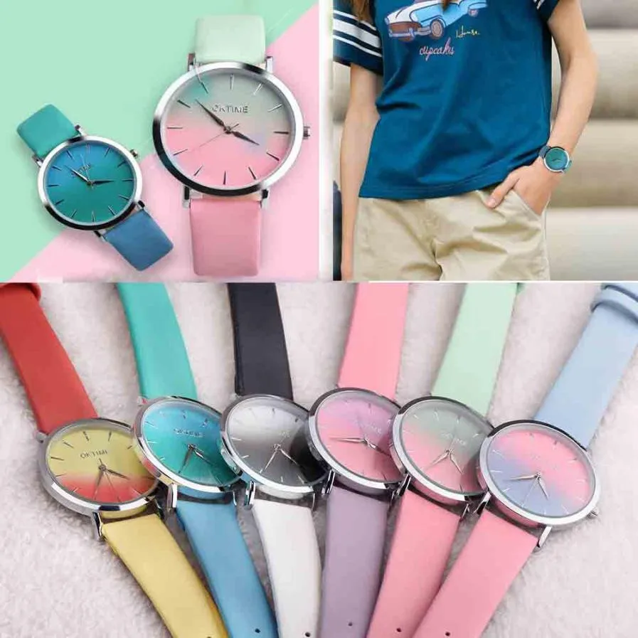 

TZ#501Retro Rainbow Design Leather Band Analog Alloy Quartz Wrist Watch