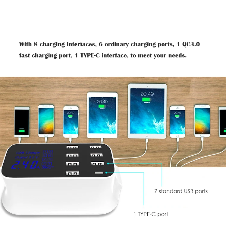 QC3.0 type-c Быстрая зарядка Интеллектуальный цифровой дисплей 7USB+ 1TYPE-C многопортовое USB зарядное устройство для мобильного телефона