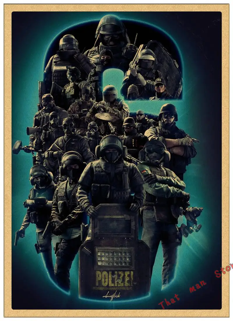 Плакат Tom Clancy's Rainbow Six Siege, украшение, плакат, наклейка на стену, Ретро плакат из крафт-бумаги 42*30 см - Цвет: Тёмно-синий