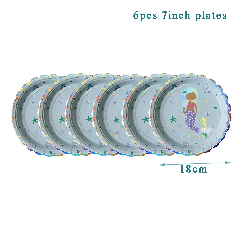 6pcs 7inch plates Вечерние принадлежности Русалочки Русалка тема Декор ко дню рождения плакат с русалкой воздушный шар на спрос среди детей свадебные украшения - Цвет: 6pcs 7inch plates
