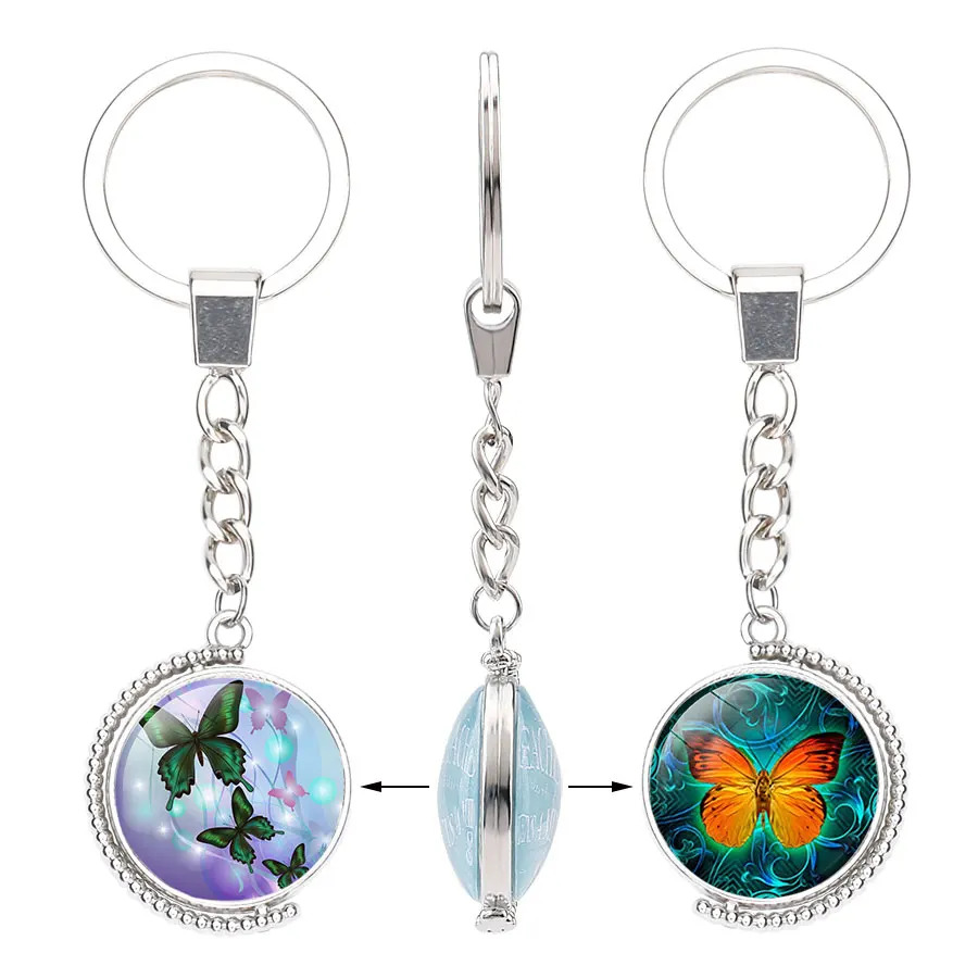 Colorful Retro Butterfly Art Picture Glass Cabochon Key Chain Double Sides Women Car Bag Ring Holder Accessory | Украшения и