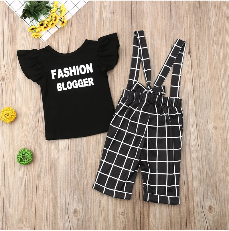 1-6T Fashion Toddler Kid Girls Clothes set Ruffles Short Sleeve Top and plaid Overalls Pants Cute Lovely Outfits Streetwear