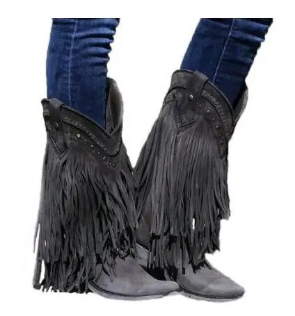 

Bohemia Style Gladiator Women Mid-calf Low Heel Motorcycle Boots Fringed Cowboy Boots Shoes Spring Autumn Women Tassels