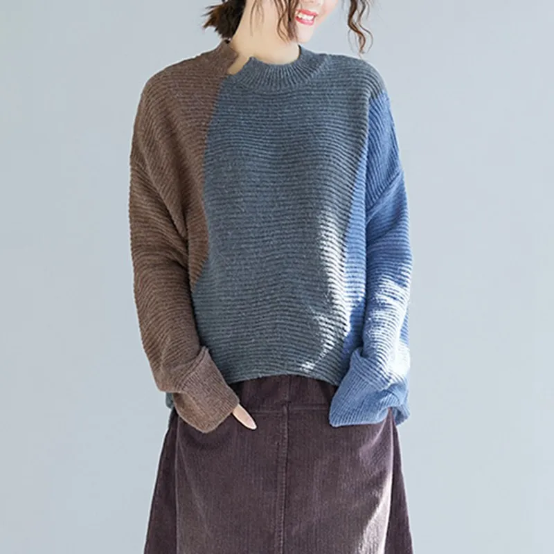 Mferlier Thick Womens Sweaters O Neck Long Sleeve Chic Panelled Patchwork Pullover Loose Casual Ladies Artsy Winter Warm Sweater | Женская