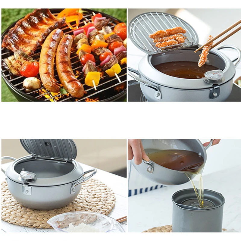 

Temperature Controllable Frying Pot Tempura 20cm Silver Fried Pan with Rack Thermometer High Quality Deep Fry Strainer