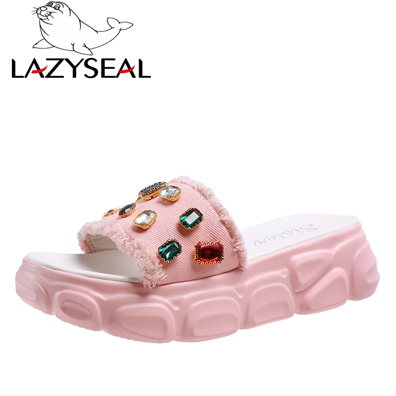 LazySeal летние шлепанцы на плоской подошве; женская обувь со стразами; вьетнамки на рифленой подошве; новые женские шлепанцы; Chanclas Mujer; коллекция года - Цвет: Pink