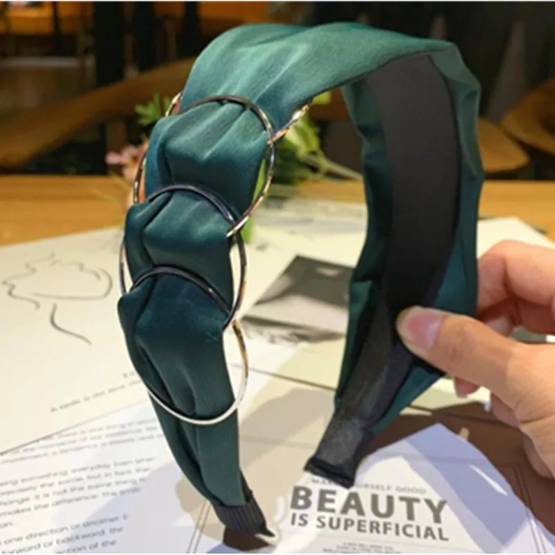 

Wide Hair Headband Metal Rings Decorated Solid Satin Headband for Women Accessories Adults Face Washing Hairband Head Band