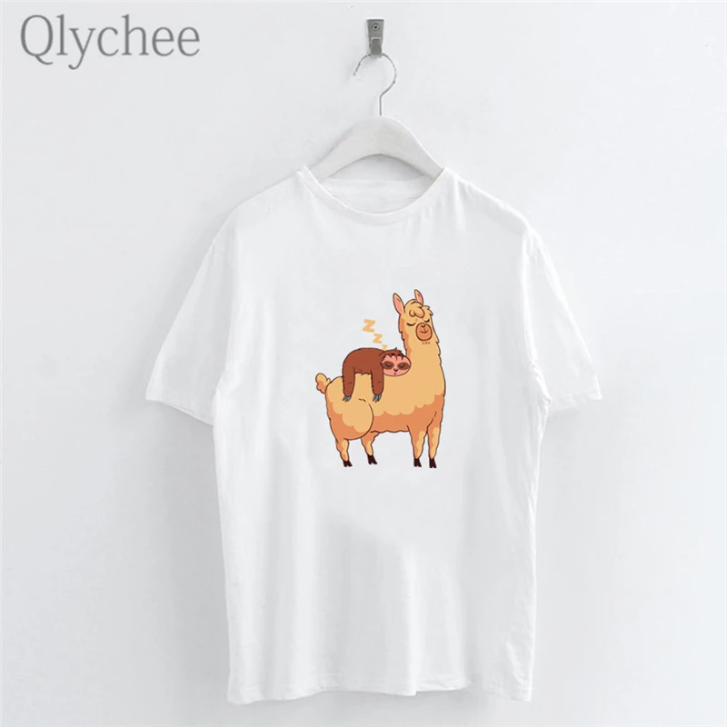 Женские футболки Qlychee Harajuku с принтом из мультфильма Альпака вырезом лодочкой и