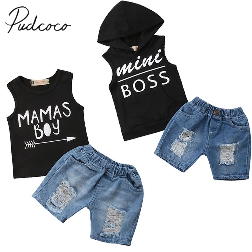 2018 Brand New Toddler Infant Kids Baby Boys Vest Tops T-shirt+ Ripped Denim Pants 2Pcs Set Outfits Children Summer Clothing1-5T |