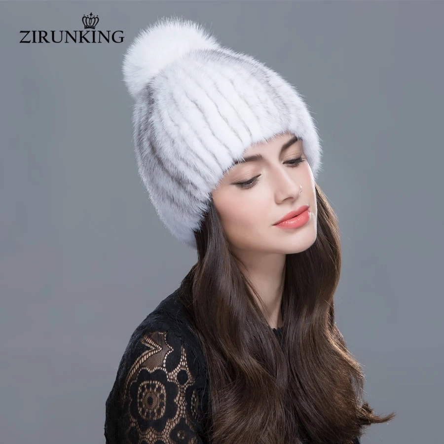 ZIRUNKING женские теплые норки шапки зимние натуральным лисьим мехом шапочки