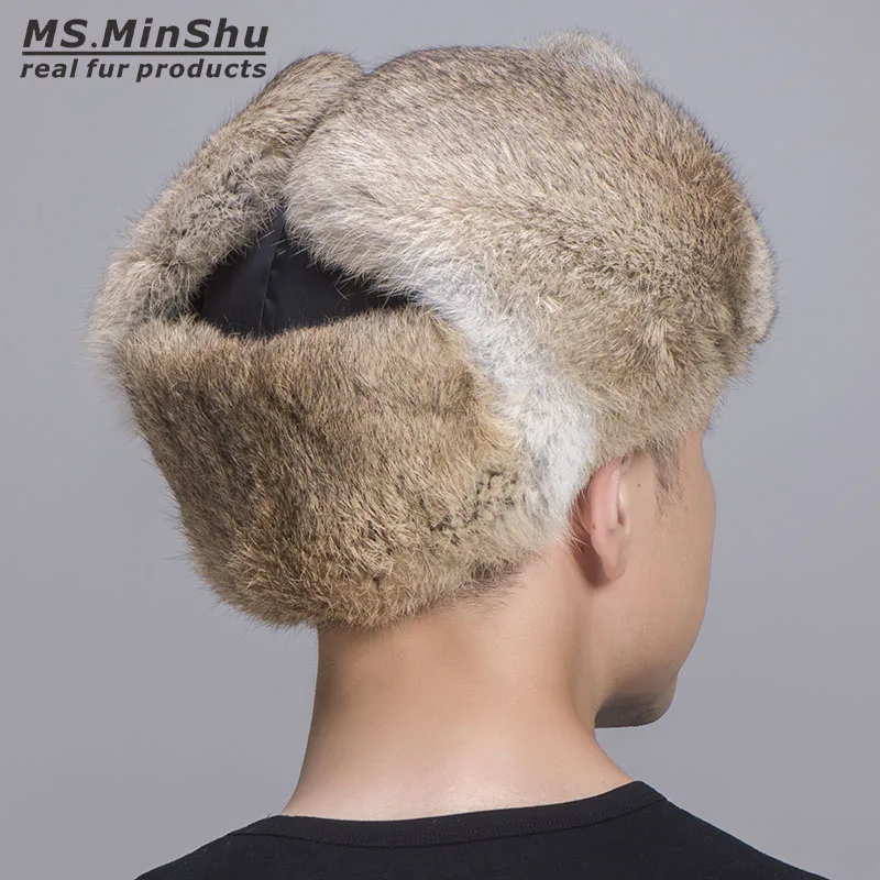 MS.MinShu Natural Rabbit Fur Hat Winter Skiing Hat Unisex Genuine Rabbit Fur Trapper Hat Natural Fur Bomber Hat Man Women