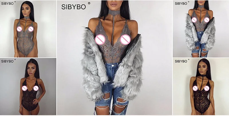 Sibybo, черный кружевной осенний женский боди с лямкой через шею,, прозрачный летний пляжный костюм, сетчатый сексуальный Облегающий комбинезон, комбинезоны, боди