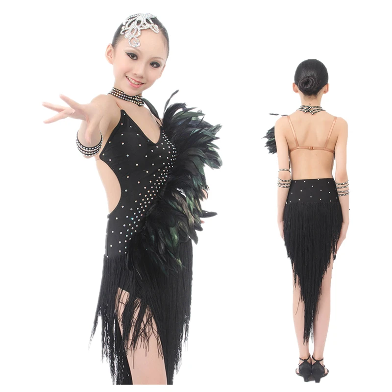 

Amazing Design Girls Black Latin Dance Dress w/Feather Tassels Diamonds,Salsa/Samba/Chacha/Ballroom Stage Competition Costume