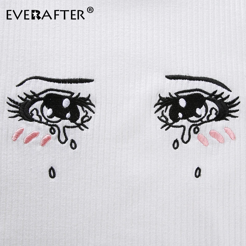 EVERAFTER Harajuku cry eyes вышивка короткий рукав Забавные футболки женские белые тонкие базовые кроп Топы летняя модная футболка