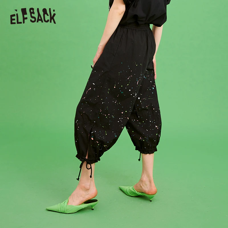 Женские уличные шаровары из хлопка ELF SACK черные с масляным принтом дамские брюки