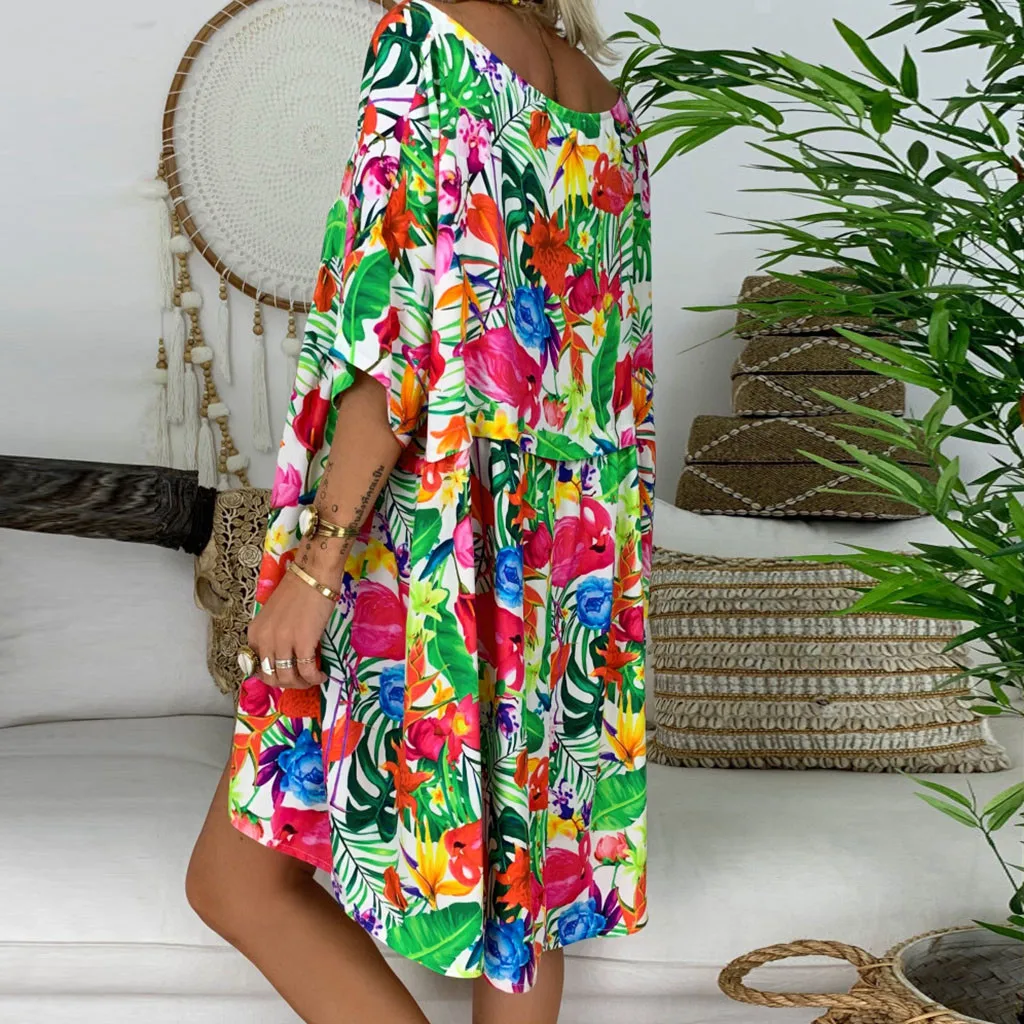 Женское свободное мини платье с цветочным принтом и рукавом до локтя летнее