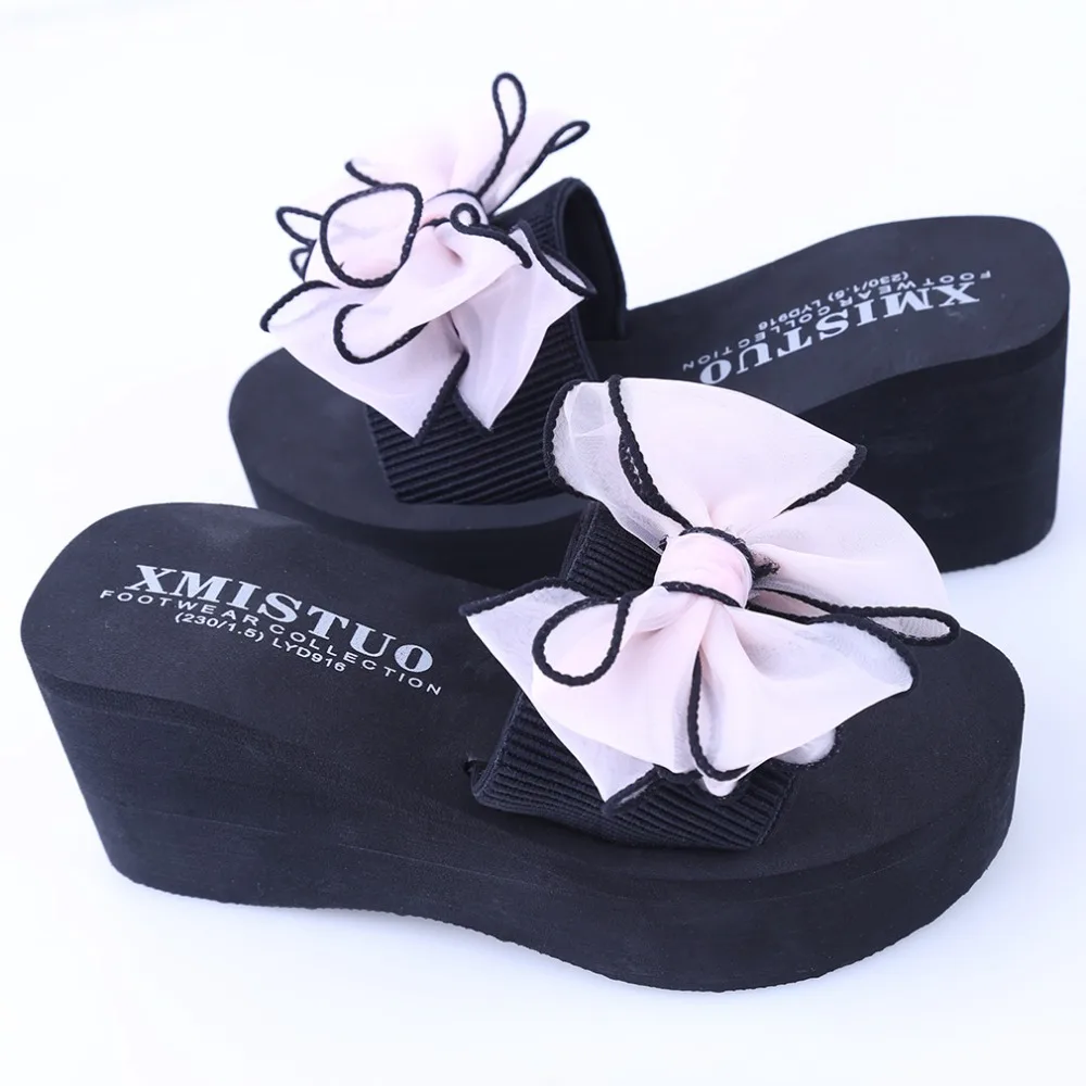 Новые летние сандалии Женские шлепанцы на нескользящей платформе с бантом