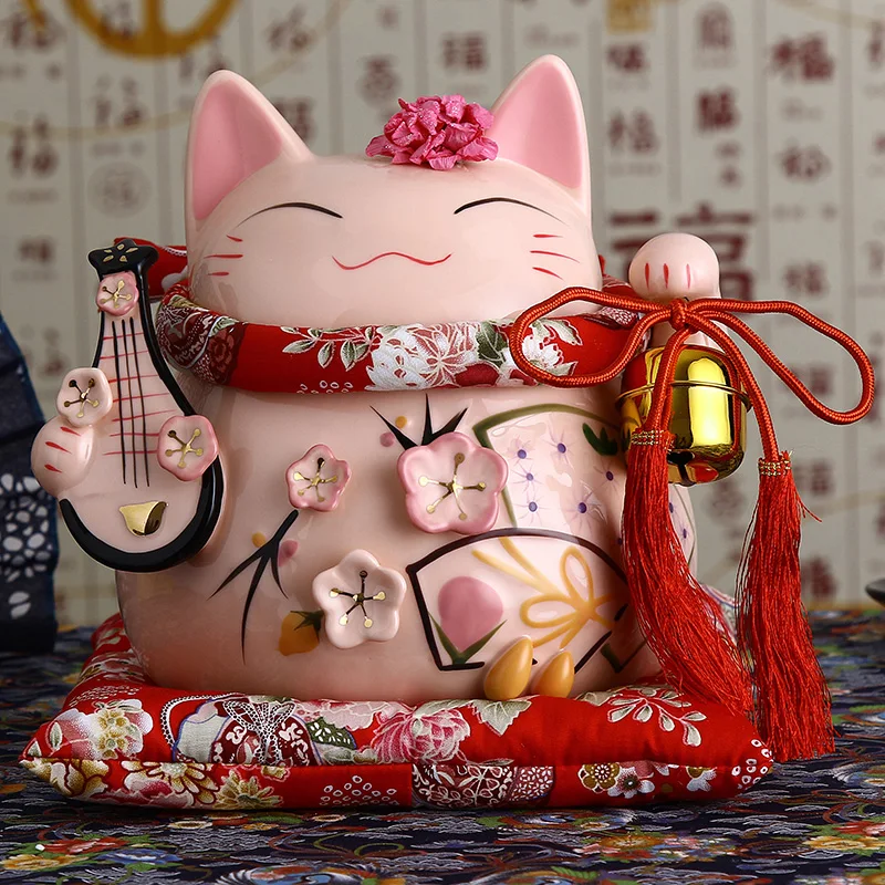 8 дюймов керамика Maneki Neko орнамент розовый белый lute дизайн Lucky Cat Копилка фигурка домашний декор Фортуна кошка с колокольчиком