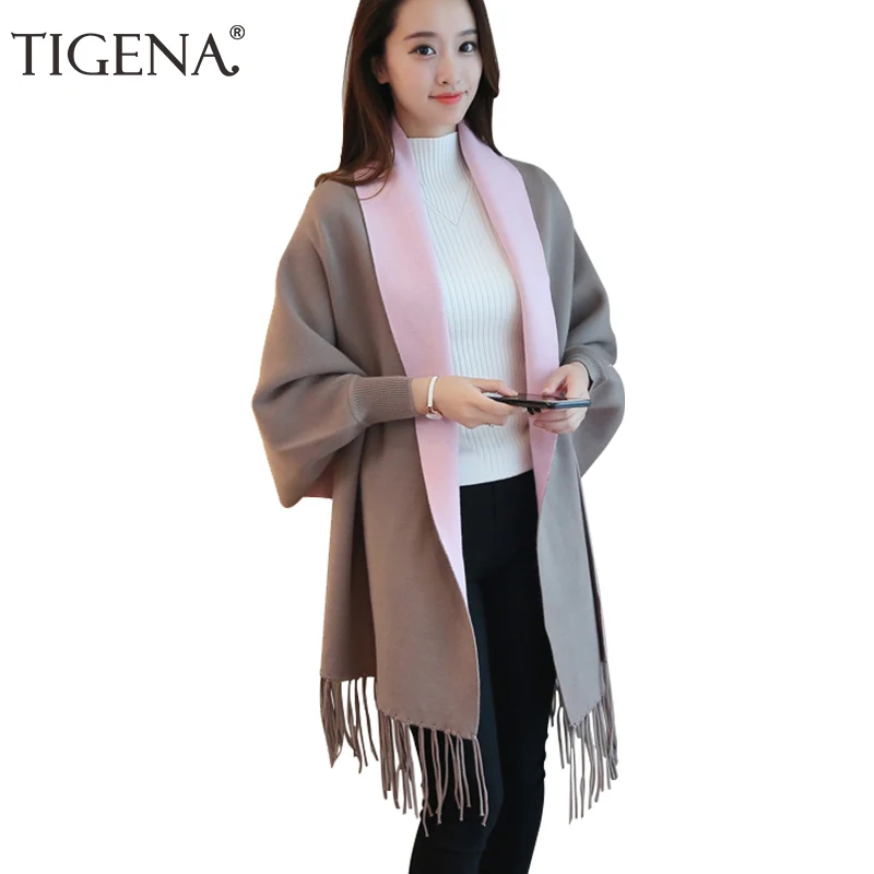 TIGENA Tassel Ponchos And Capes 2019 Autumn Winter Long Cardigan Female Batwing Sleeve Warm Knitted Cardigans Women Sweater |