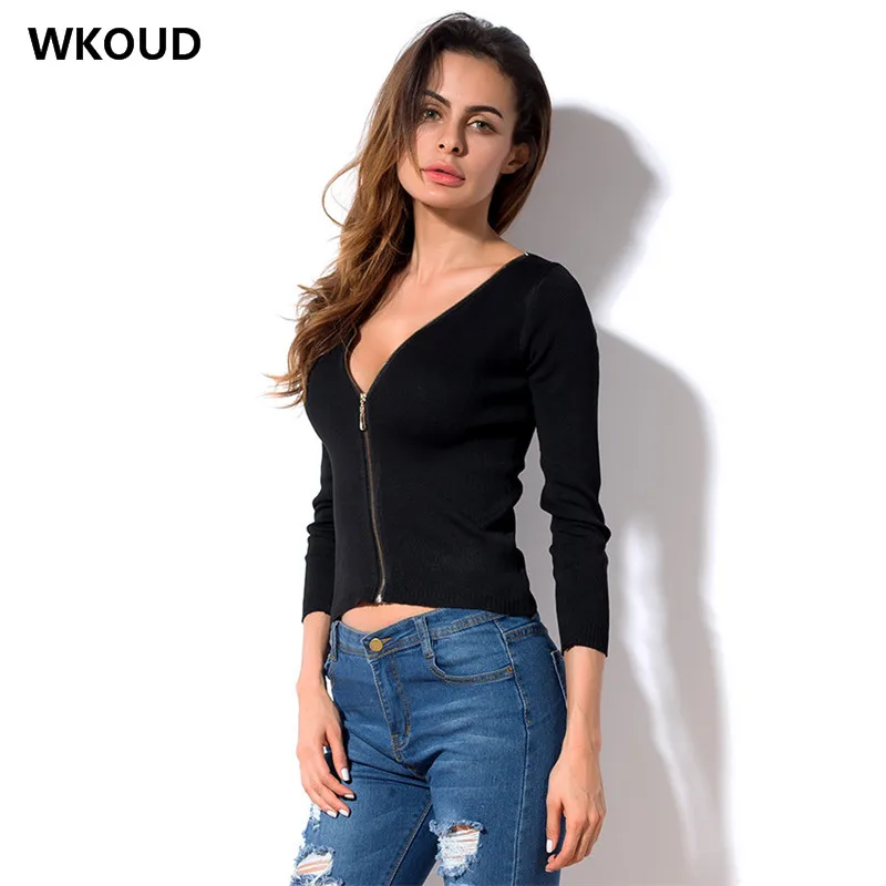 WKOUD 2018 Women Knitted Cardigans With Zipper Deep V-neck Sweaters Female Sexy Casual Slim Sweater Knitwear Crop Tops H1037 |