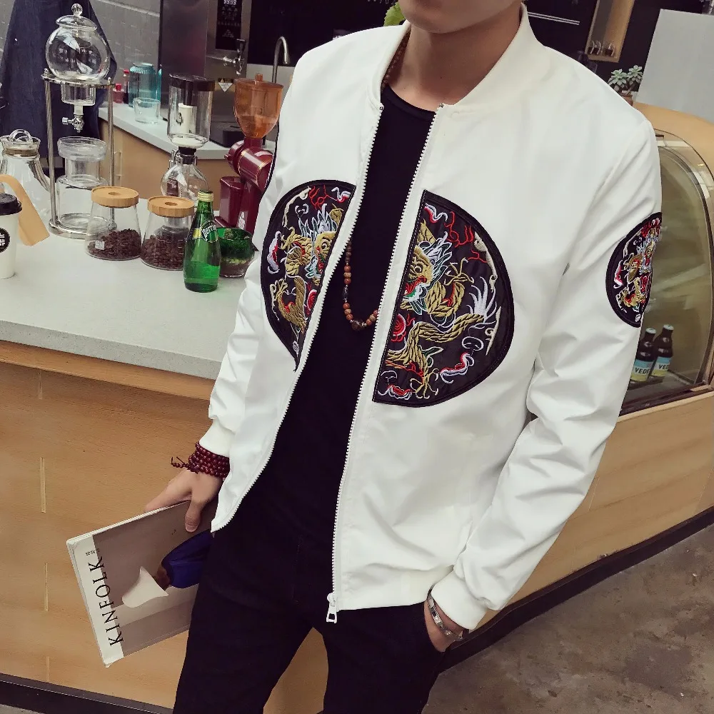 Китайские бейсбольные куртки бомберы с изображением дракона цвет белый черный