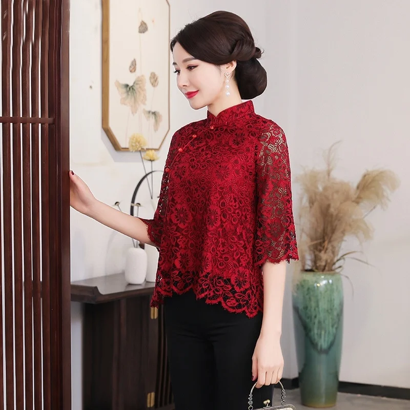 Женская винтажная рубашка Cheongsam китайский топ с кружевом весна лето 2019|Топы| |