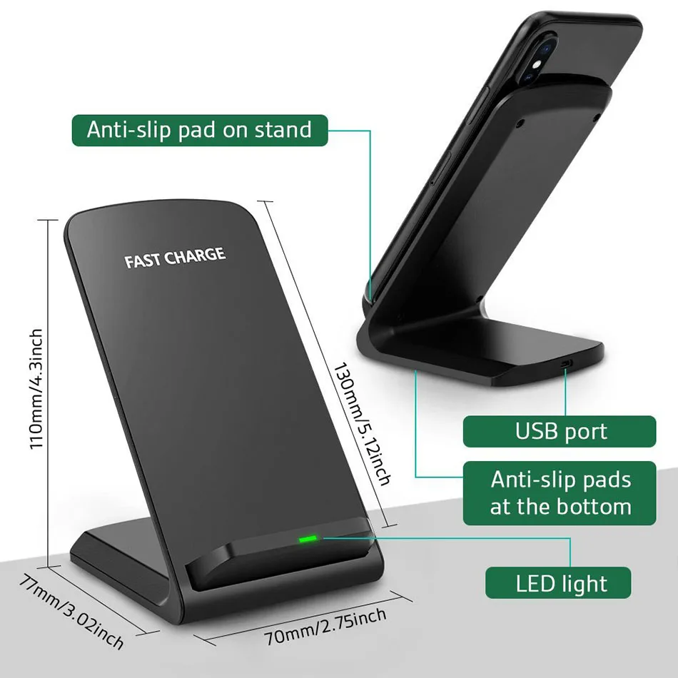 KEPHE 10 Вт QI Беспроводной Зарядное устройство Quick Charge 2,0 быстрой зарядки для iPhone 8 10 X samsung S6 S7 S8 2 катушки Стенд 5 V/2A& 9В/1.67A