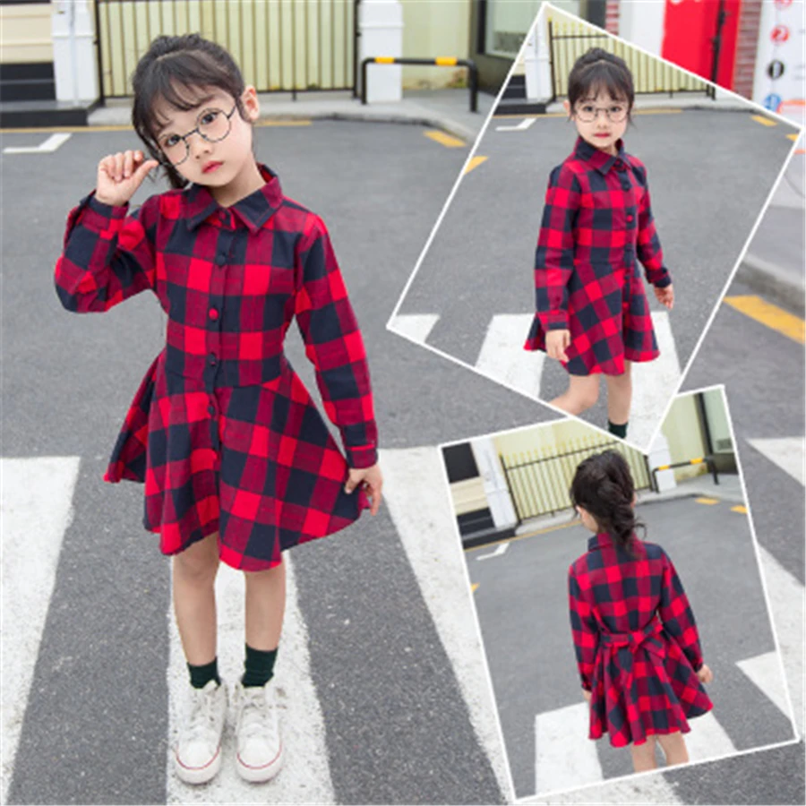 

2019 New Baby Spring Long Sleeve Dress for Girls Fashion Kids Turn-down Collar Check Dress Single Breasted Dresses Dropshipping