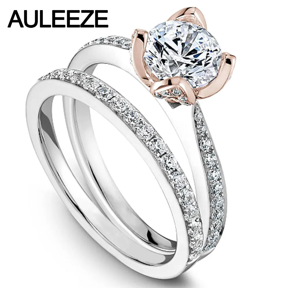 14K Two Tone Gold Обручальные кольца с цветочным дизайном и бриллиантами, 1CT, муассаниты, обручальное кольцо, твердые кольца из желтого золота 14 к, подарки на день Святого Валентина - Цвет камня: 14K Two Tone Gold