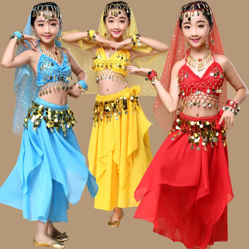 Новый детский костюм для танца живота для девочек индийские костюмы для танца живота Болливуда комплекты из 4 предметов Египетский комплек...