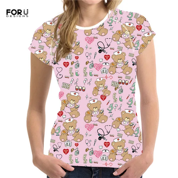 FORUDESIGNS/Милая футболка с рисунком медсестры и медведя из мультфильма, Женская Повседневная для кормления, Брендовая женская одежда, женская футболка, футболки с коротким рукавом - Цвет: HM1090BV