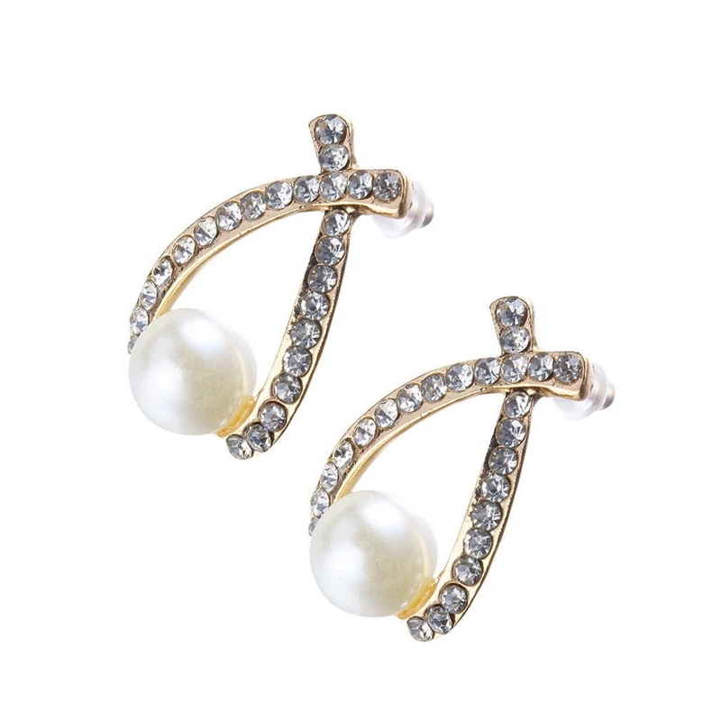 FUNIQUE 2018 Simulate Pearl Rhinestone Stud Earrings For Women New Cross Crystal Earings Party Wedding Jewelry Gift Brinco | Украшения и
