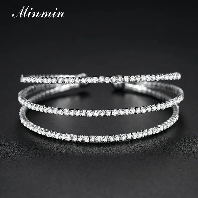 Silver Minmin Простой Кристалл Многослойные свадебные браслеты для женщин роскошный золотой/серебряный цвет браслет и браслет модные вечерние ювелирные изделия SL364 - Окраска металла: Silver