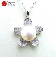 qingmos 24mm flower sterling silver 925 pendant necklace for women with 11mm white flat round pearl 16 silver chokers necklace