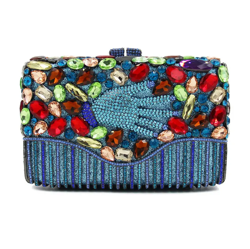 

High End Crystal Blue Clutch Bag Fashion Rhinestone Evening Party Bags Ladies Gold Gemstone Dinner Purse Female Shoulder Bag